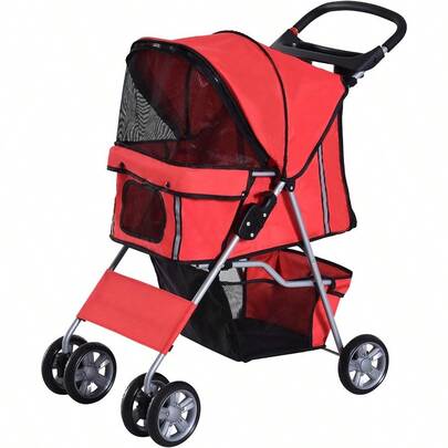 PawHut Cochecito Plegable Mascotas Carrito para Perros Gatos con Cuatro Ruedas Cesta de Alene Ventanas y Portavasos Tela Ox Marco de ero 75x45x97 cm Rojo