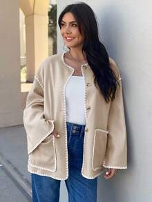 EMERY ROSE Women's Contrast Color Trimmed Button Front Pockets Casual Jacket, Fall Winter Warm Long Sleeve - Multicolor - View 2