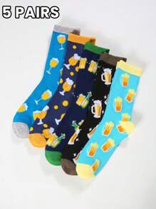5 Pairs Of Men's Beer-Patterned Mid-Calf Sock Sets Are Suitable For Use All Year Round