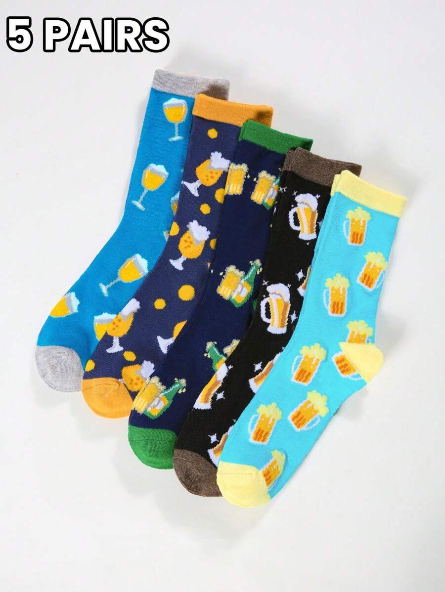5 Pairs Of Men's Beer-Patterned Mid-Calf Sock Sets Are Suitable For Use All Year Round
