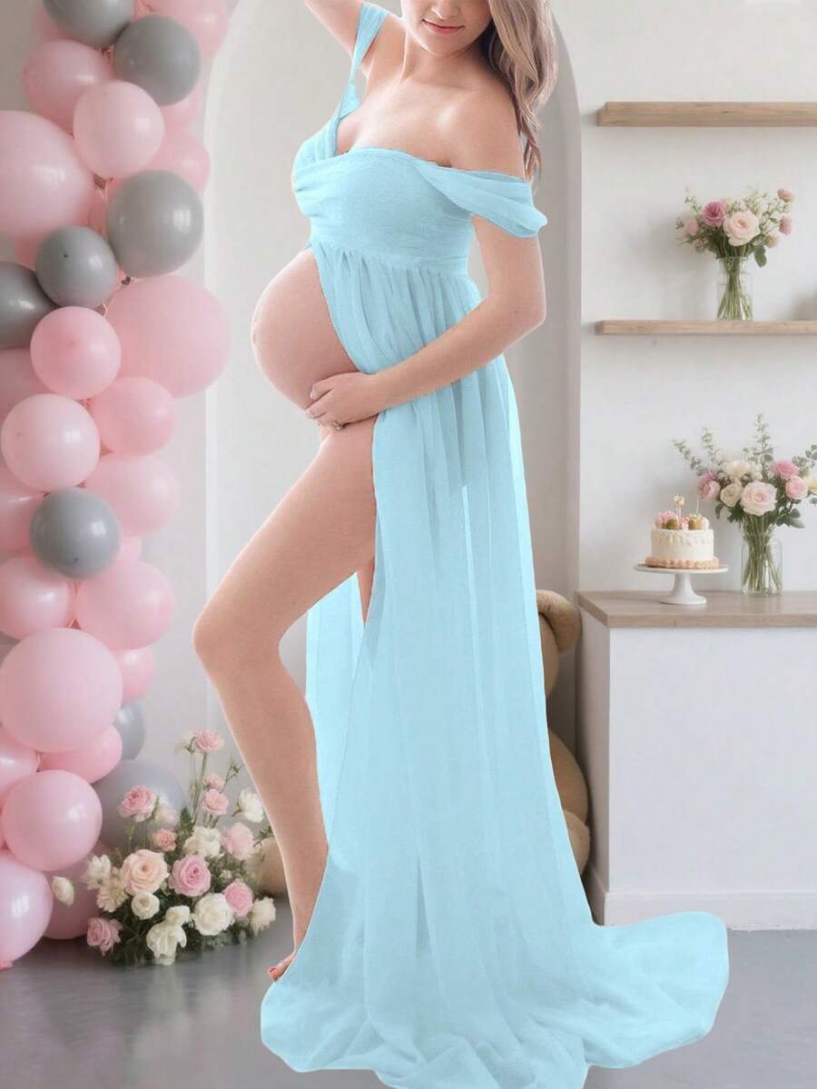 Maternity Off-Shoulder Thigh Slit Floor-Length Dress - Blue - View 1