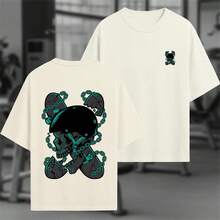 Camiseta Oversized Masculina 100% Algodão Para Academia Caveira Skate Correntes Underground Hardcore - Creme - Visão 3