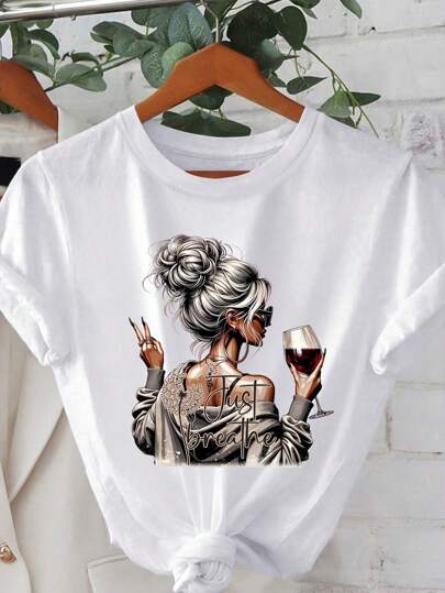 2025 Spring & Summer Casual Plus Size T-Shirt, "Just Breathe" Motivational Positive Slogan Graphic Short Sleeve Round Neck Women's Tee, Fun Wine Lover Tee, Relaxed Fit T-Shirt, Suitable For Spring, Summer, Autumn, Outdoor Casual Wear