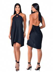 Simple Dress Fabric Backless / Backless Tie Party Daily Formal & Evening Travel - 黑色 - 查看 1