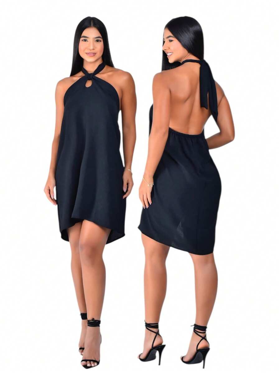 Simple Dress Fabric Backless / Backless Tie Party Daily Formal & Evening Travel - 黑色 - 查看 1