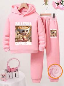 2pcs/Set - Tween Girl Graphic Print Casual Fleece Hoodie Sweatshirt And Fleece Pants, Autumn/Winter Outfit - Pink - View 1