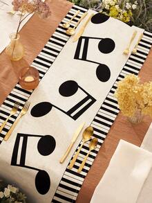1pc Music Note & Piano Keyboard Pattern Linen Table Runner, Suitable For Holidays, Parties, Birthdays, Dinners, Kitchen & Dining Room Decor, Dresser/Cabinet Cover, All Season Home Decor - Multicolor - View 1