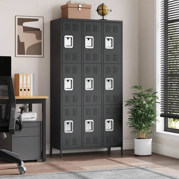 3 Doors Metal Office Storage Locker, 9 Doors Employee Lockers For Office, Metal Sorage Locker Combination, Metal Lockers For Employees With 9 Hooks And 3 Shelves, 72 Inch Tall Steel Storage Locker For Home, Office, Gym, School, Assembly Required, Black  3 Doors Employee Lockers For Office, Metal Sorage Locker Combination, Lockable Employees Metal Locker With Door, Industrial Storage Lockers For Home, School, Gym