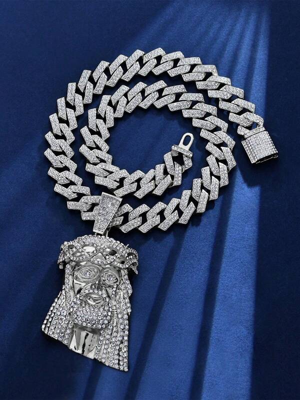 Glitzernde Hip-Hop personalisierte religiöse Jesus Kopf Anhänger Halskette, Rapper Mode Accessoire für Männer und Frauen, Geschenk, Party, Outdoor