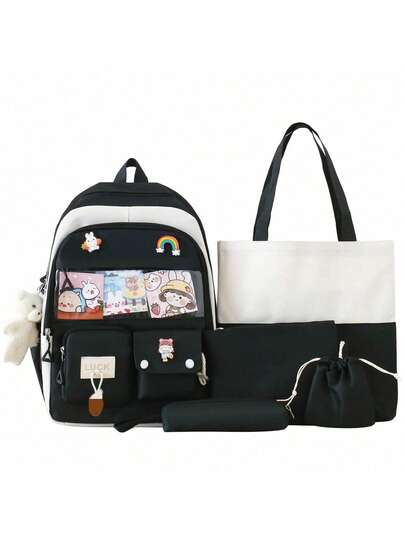 Set 5 Mochila Bolsas Escolar Estudiante Lapicera Tote Lona Multicompartimento De Moda Mochila Para Mujer Incluye 5 piezas Bolso Tote Bolso