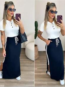 Women's Fleece Set With Long Skirt And Button-Down Top – Style, Comfort And Versatility For Everyday Life - Black - View 1