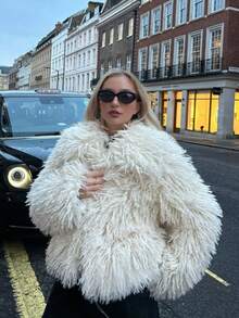 秋冬新款仿狐狸毛内衬加厚时尚仿皮草蓬松女式外套，优雅纯色翻领长袖休闲宽松街头风女式冬季外套 - 杏色 - 查看 5