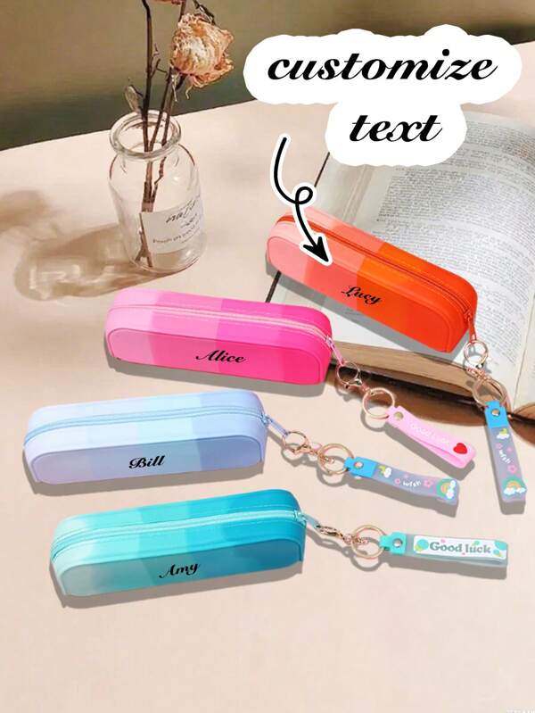 Personalized Custom Text Simple Silicone Gradient Color Pencil Case, Cute Large-Capacity Pencil Box In Gradient Color, Pencil Bag With A Lanyard, Portable Exquisite Compact Back-To-School Stationery Box, Custom Logo, Back-To-School Supplies, School Supplies
