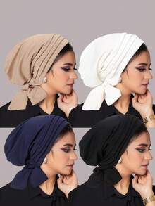 1 pieza Nuevo gorro de punto de unicolor con 4 rayas, gorro quimioterapia para mujer con cola larga