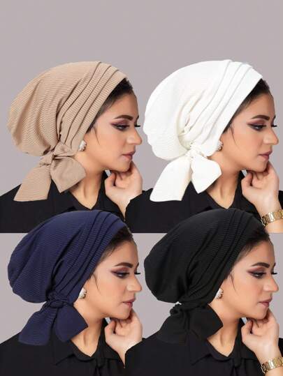 1pc New Solid Color Ribbed 4-Stripe Tail Beanie Hat, Women Chemo Cap With Long Tail