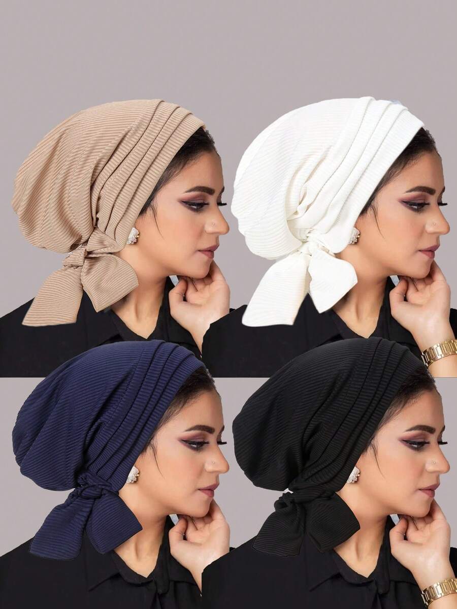 1 pieza Nuevo gorro de punto de unicolor con 4 rayas, gorro quimioterapia para mujer con cola larga