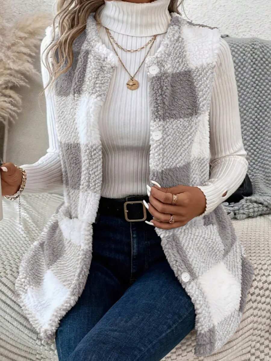 2025 Herbst/Winter Damen Lässig umkehrbarer Fleeceweste, karierter Jacke