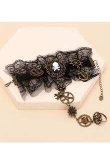 1pc Vintage Pirate Steampunk Gear Lace Skull Mechanical Finger Ring & Bracelet Set For Women, Halloween