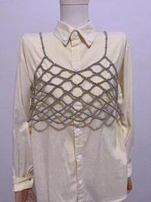 1件装女士珍珠身体链简约吊带背心，适合日常、旅行、派对和海滩穿着，白色珍珠身体链上衣 - 銀色173 - 查看 2