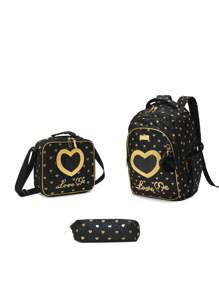17-Inch Kids Backpack Set With Lunch Bag And Pencil Case, Lightweight School Bag Suitable For Teenagers, Girls And Boys, Heart-Shaped Glitter Large Capacity 3-In-1 Backpack, Insulated Lunch Bag, Pencil Case, Padded Shoulder Straps To Reduce Shoulder Pressure, Casual Backpack For Daily Use Or Travel