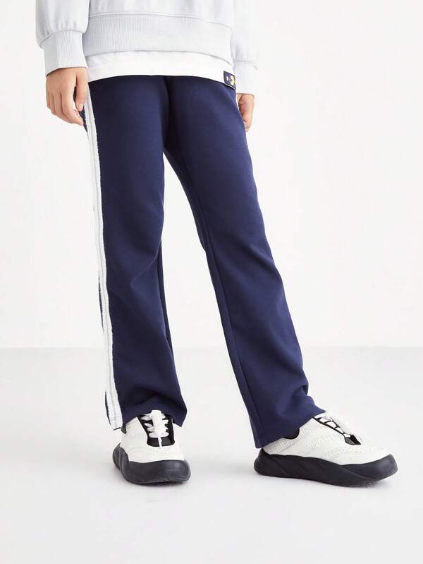 Annil Children's Clothing, Girls, Middle-Aged And Young Children, Teenagers, Full-Waisted Knitted Single Pants, Snug Fit Slightly Flared Pants, Contrasting Color Stripes, Autumn