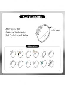 Milacolato 12PCS Nose Rings Hoop 20G Nose Rings For Women Surgical Stainless Steel Nose Piercing Dangle Nose Ring Cartilage Earring Jewelry - 彩色 - 查看 9