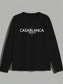 Tricou bărbătesc la modă, marocan, cu dungi roșii, grafică englezească, casual, lejer, cu guler rotund, mânecă lungă, potrivit pentru purtare zilnică, în aer liber, streetwear - Negru - Vizualizare 2