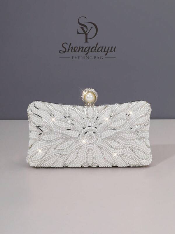 Elegant Faux Pearl Box Clutch BagRomantic Wedding Party Purse WithLuxuryRhinestone Decor,FormalEventShoulder Bag For Bride,Evening Bag