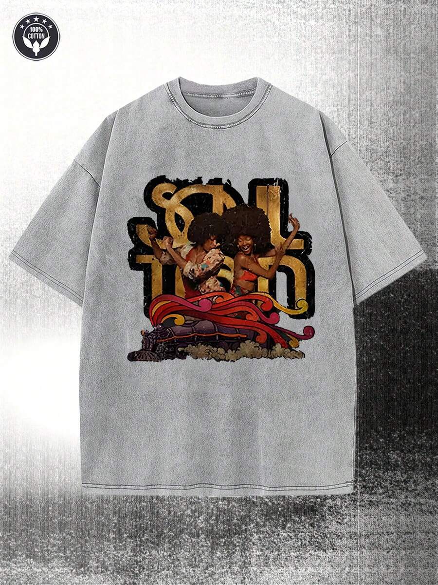 Washed, Soul Train Retro Fan Design - Soul Train Exquisite Letter Pattern T-Shirt, Couple Men's Short Sleeved Printed T-Shirt, Round Neck High Street Pure Cotton Short Sleeved T-Shirt, Fashionable And T-Shirt, Holiday Gift - 深灰色 - 查看 1