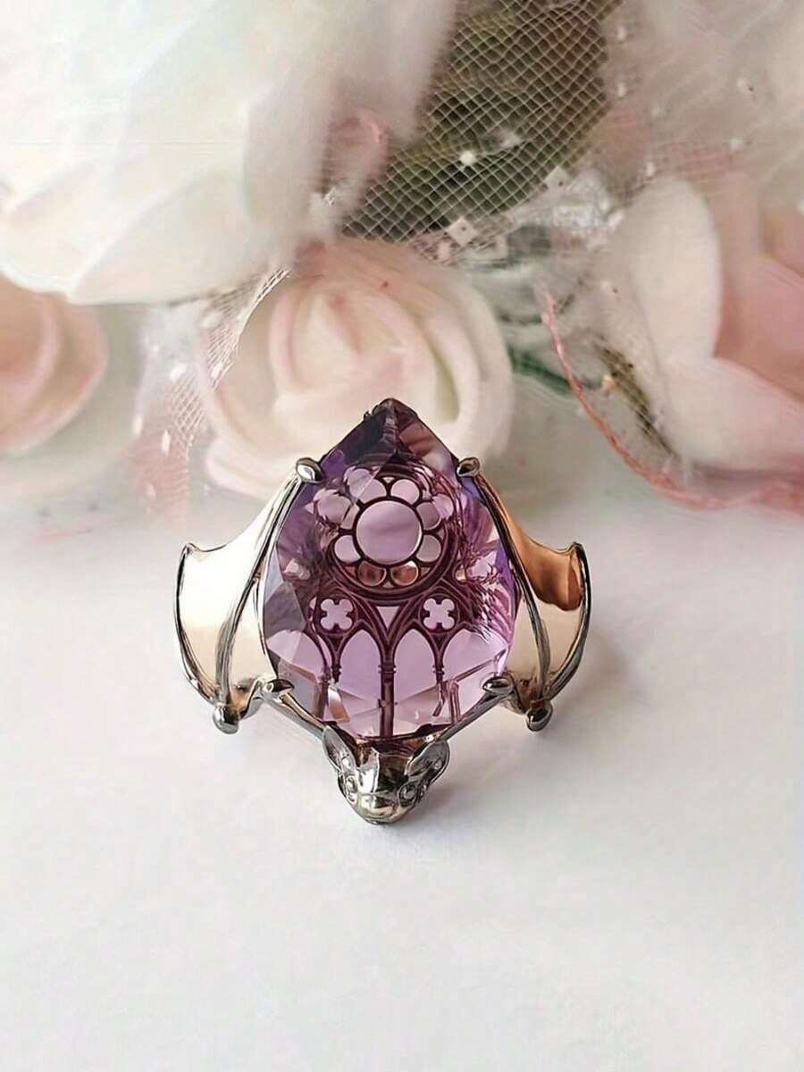 Vintage Gothic Inlaid Rhinestone Purple Fashion Personality Ring, Bat Flower Painted Design, Shiny Party Jewelry, Daily Versatile - The Perfect Gift For Her - Nhiều màu - Xem 1