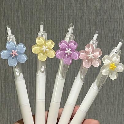 5/2/1pcs 0.5mm Black Ink Refill Cute Floral Quick-Drying Ballpoint Pens, Random Designs Of Sakura/Tulip, Sunflower, Rose Flower Push-Type Pens, Suitable For Students And Girls, Back To School Gifts For Kids, Friends