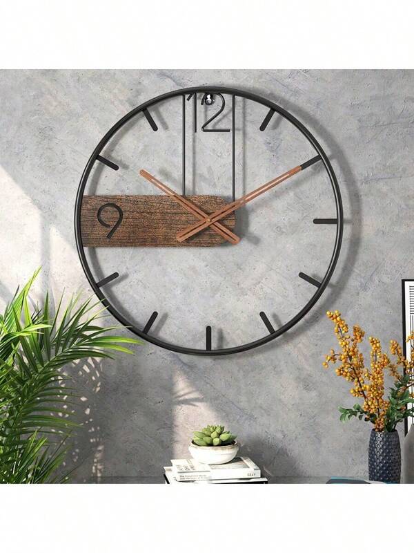 1pc Iron & Wood Combination Wall Clock, European Style Fashion Wall Clock, Large Size Heavy-Duty Clock, Living Room/Bedroom Clock, Minimalist Creative Luxury Silent Clock