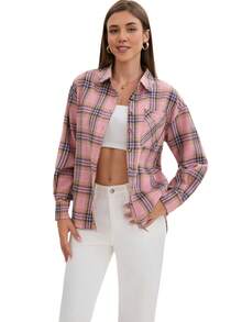 Damen neue Mode rosa karierte Langarm Lässig Loose Bluse, geeignet für die Herbstsaison. Karierte Brusttasche mit Knöpfen, elegantes Damen Hemd, Damenshirt, Festtagskleidung, Alltagsmode, Stil für den Nationalfeiertag in Saudi-Arabien und den Nahen Osten, Strickjacke, Businesskleidung