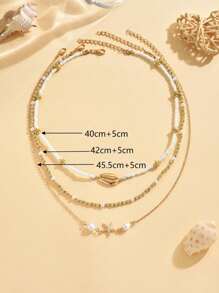 3 件波西米亚风格海星和贝壳串珠项链套装，适合女士海滩、休闲、派对