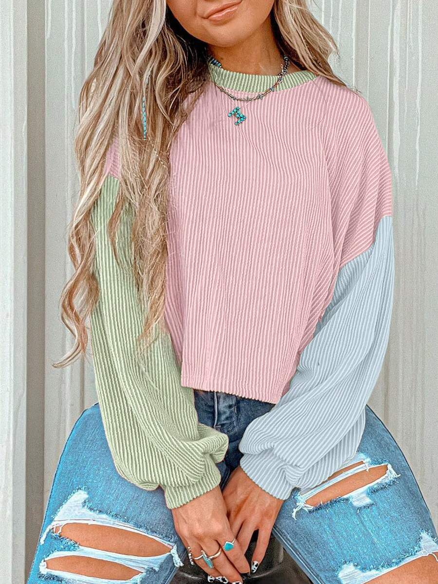 Acelitt Camiseta casual holgada de cuello redondo con textura y contraste de colores para mujer talla grande, adecuada para primavera y otoño - Multicolor - Ver 1