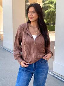 EMERY ROSE Drop Shoulder Zip Up Hooded Cardigan,Long Sleeve Tops - Redwood - View 6