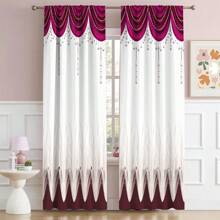 2pcs Elegant Red & White Art Deco Curtains - Durable 100% Polyester Fabric With Decorative Border, Light-Filtering For Living Room, Bedroom, Kitchen, Bathroom Decor (Rod Not Included), Kitchen Window Treatment | Decorative Curtains | Easyinstall Curtains, Curtains For Living Room