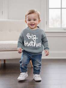 Toddler Boys Knitted Jumper Big Bro Letter Embroidery Round Neck Pullover Sweater Baby Warm Knit Tops Pullover Knitwear - 灰色 - 查看 3