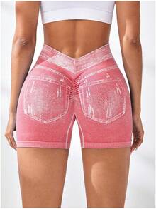 Women's V Back Workout Shorts, Denim Print High Waisted Shorts Stretchy Scrunch Slim Fit Yoga Biker Jegging Butt Lifting Sports Fitness Yoga Pants - 粉色 - 查看 2