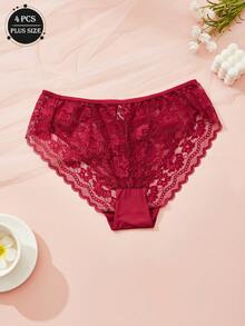 4 sztuki jednokolorowych, seksownych, koronkowych, wyciętych, półprzezroczystych damskich spodni plus size z trójkątną talią, dojrzałego uroku, retro, francuskiej, romantycznej, słodkiej bielizny, swobodnych i wygodnych, lekkich, miękkich, jedwabistych, całorocznych majtek, odpowiednich do domu, podróży, na imprezy, na prezenty