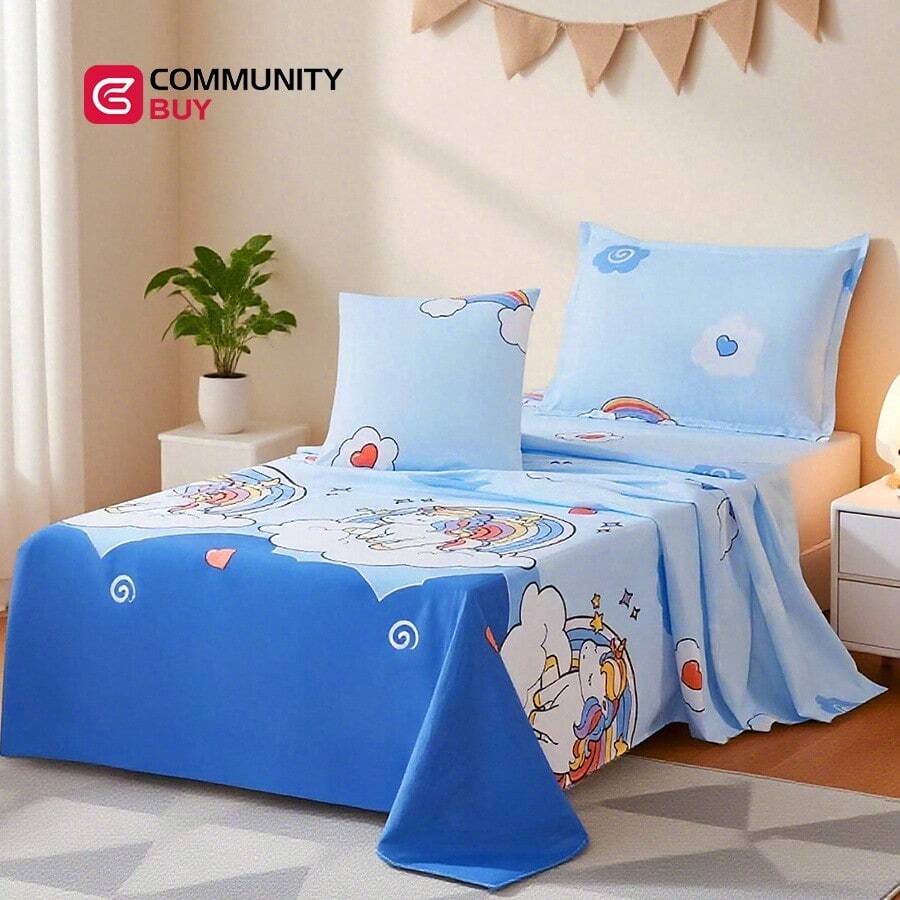 Sabanas Infantiles Individual 100x200cm | Estampado Colorido Infantil | 4 Piezas: Sabana Ajustable, Plana, Funda de Almohada + Cojín Decorativo | Suave y Caliente para Niños | Ideal para Cuna o Camita Infantil - 03 azul - Ver 1