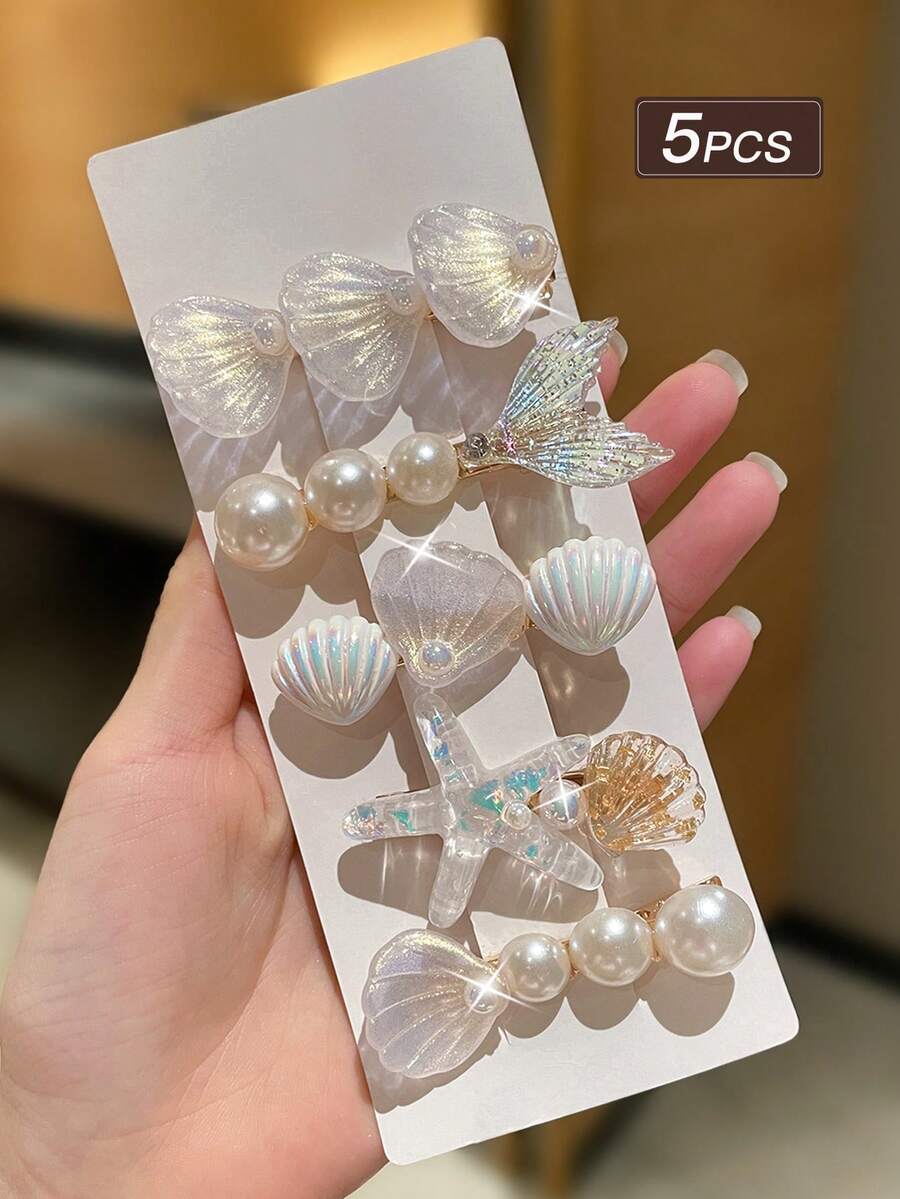 5个装女士白色海洋元素发夹，波西米亚风，仿珍珠发饰，夏季度假装饰，适合日常休闲佩戴，沙滩配饰，度假必备，Y2K风格，发夹，女士配饰，返校头饰，夏季发夹，爪夹，发爪，发卡，发夹