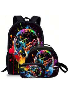 Gamepad Pattern Printed Backpack Three Pieces Set (Single-Layer Backpack + Shoulder Strap Round Lunch Bag + Single-Layer Pencil Bag) - Black - View 7