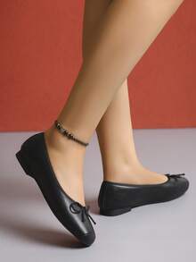 European & American Style Solid Color Bowknot Flat Shoes, Women's Casual Flats For Spring & Autumn