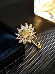 1pc Copper Elegant Rotating Peach Blossom Ring, Unique Design Birthday Gift For Girlfriend - Sunflower - View 5