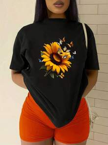Women's Sunflower & Butterfly Print Summer Casual TShirt, Cute Floral Graphic Tee, Soft Comfortable Crew Neck Short Sleeve Tops, Best Gift For Ladies, Stylish And  Fashion Apparel