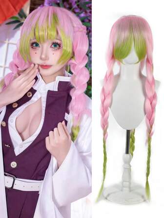 Peluca de anime COS para mujeres, de color rosa y verde entretejido, adecuada para Halloween, carnaval y fiestas de disfraces