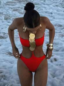 1pc Women's Sexy Halter Sequin Decor One-Piece Swimsuit