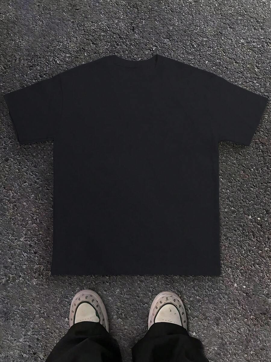 1pc 100% Cotton Graphic T-Shirt For Men's -Casual Fashion Versatile Solid Color Round Neck T-Shirt, Comfortable Fit Tops,  Suitable For All Seasons Clothes, Daily Wear, Back To School Wear, Boyfriend Gift Tops - 黑色 - 查看 1