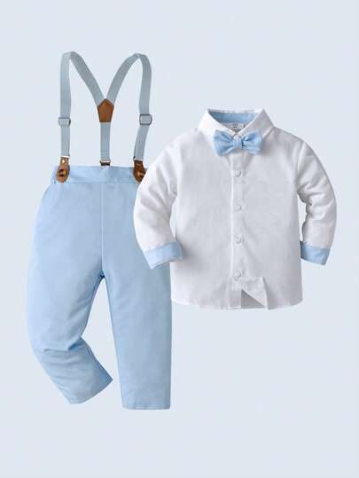 BOARNSEORL 2pcs Young Boys Gentleman Outfit - Long Sleeve Shirt With Bowknot And Suspender Pants, Fashionable Casual Suit For Birthday Party, Anniversary Celebration